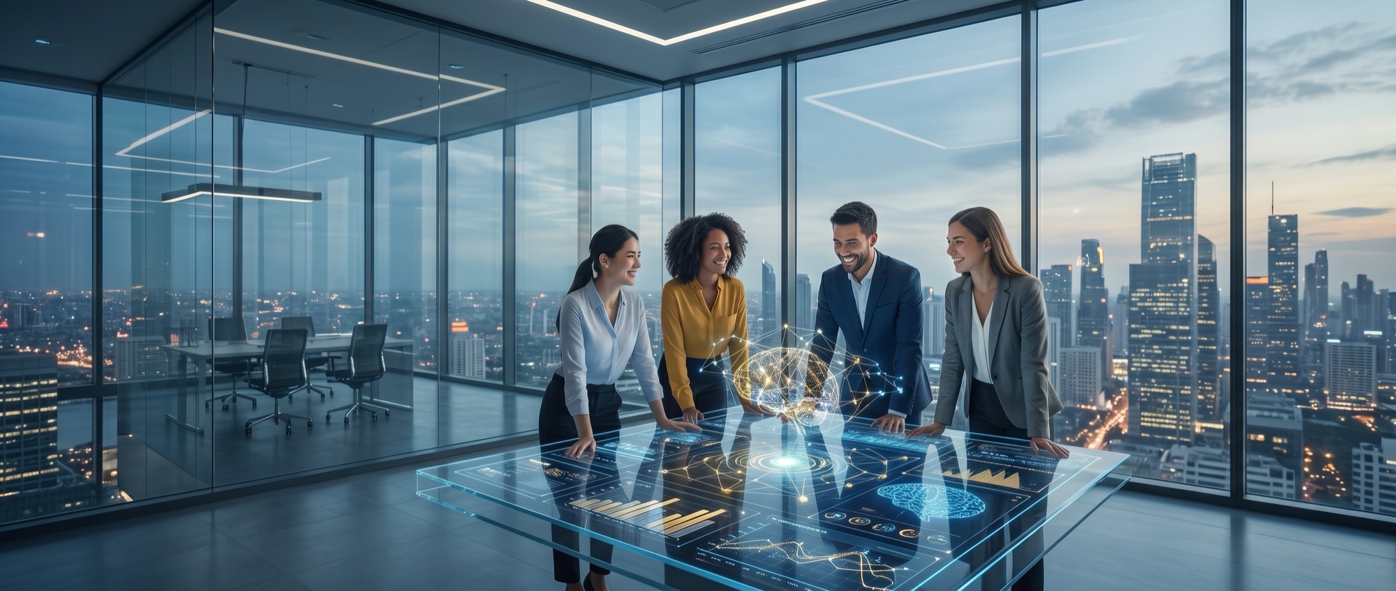 Business team gathered around a glass table with a holographic AI display, representing AI-first ERP and data management consulting from Smith & Allen Consulting